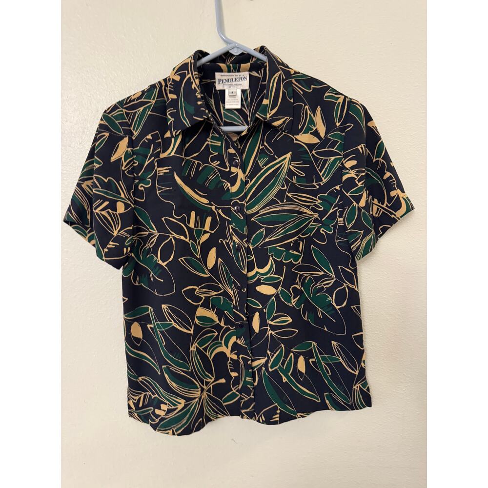 Vintage Pendleton top black and green botanical button down women's 8 petite